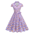 Kurzärmeliges Lavendel-Blumenkleid mit Hemdkragen und Taillenband für Damen - S / Lila