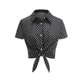 Short-sleeve polka dot blouse with a retro lapel and front tie-knot hem detail - S / Black