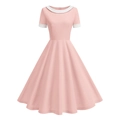 Vintage Audrey Hepburn style pink A-line dress with white Peter Pan collar and short sleeves - S / Pink