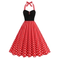 Vintage 50s rockabilly halter dress with black bodice and red white polka dot swing skirt - S / Red with White Dots