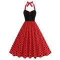 Retro 1950s halter dress with black bodice and red polka dot flared skirt style - S / Red with Black Dots