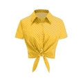 Short-sleeved yellow polka dot blouse with button-up front and stylish tie-knot hem - S / Yellow