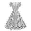 Retro 1950s style Audrey Hepburn polka dot swing dress with puff sleeves and A-line waist - S / White