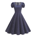 Robe rétro bleu marine à pois coupe trapèze avec manches bouffantes et décolleté carré - S / Bleu marine
