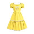 Abito estivo giallo per bambina con maniche a sbuffo, pizzo e fiocco su sfondo bianco - 110 / Giallo
