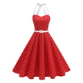 Vintage jaren '50 rode polkadots jurk met halternek, witte strik en bijpassende riem - S / Rood