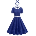 Retro marineblauwe polkadots jurk set met A-lijn rok, smalle riem en strik hoofdband - S / Donkerblauw
