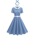Vintage jaren '50 blauwe jurk met witte stippen, Peter Pan-kraag en bijpassende riem - S / Lichtblauw