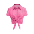 Pink polka dot short sleeve shirt with tie-front detail and button-up lapel collar - S / Pink