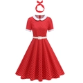 Retro rode polkadots Hepburn jurk met witte kraag en bijpassende hoofdband set - S / Rood