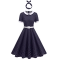 Retro navy blue polka dot dress set with Peter Pan collar and matching headband - Navy Blue