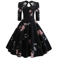 Vestido midi vintage de flores negras con escote de malla y lazo elegante - 1XL / Peonía sobre Fondo Negro