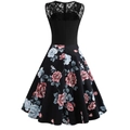 Detail view of lace patchwork and floral print on a retro sleeveless A-line dress - L / Gray