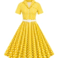 Vestido vintage amarillo de lunares años 50 con manga corta y cinturón blanco mujer - S / Amarillo