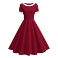 Retro burgundy A-line dress with white contrast collar and short sleeves in casual style - S / Burgundy
