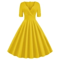 Elegant retro bright yellow V-neck dress with cinched waist and flared hemline - S / Yellow