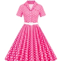 Vestido vintage rosa con lunares blancos estilo años 50, manga corta y cinturón - S / Rosa