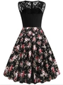 Close-up of black lace bodice with floral print flared skirt and round neck design - L / Red