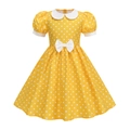Abito giallo a pois per bambine con colletto Peter Pan e un grande fiocco bianco in vita - Giallo / 120cm