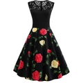 Retro sleeveless dress featuring lace patchwork and realistic red rose floral prints - S / Black With Yellow Flowers