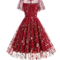 Dark red vintage dress with mesh floral embroidery and short sleeves in A-line silhouette - S / Burgundy