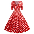 Robe vintage rouge à pois avec col en V et jupe évasée style Audrey Hepburn - S / Rouge