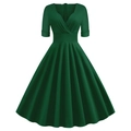 Elegant dark green V-neck vintage flare dress with short sleeves and pleated skirt - S / Green