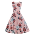 Elegant sleeveless retro floral print dress with a round neck and flared A-line silhouette - S / Pink