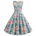 Robe évasée vintage sans manches à imprimé floral rose avec taille haute - S / Bleu