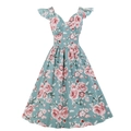 Vintage light blue V-neck midi dress with pink rose floral print and flutter sleeves - S / Blue