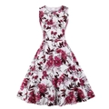 Close-up of sleeveless floral A-line dress with round neck and hidden back zipper - S / White with Red Floral