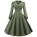 Retro V-Ausschnitt Langarmkleid in Armeegrün mit tailliertem Schnitt und weitem Rock - S / Armeegrün