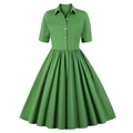 Robe chemise vintage vert herbe à manches courtes avec col à revers et jupe évasée plissée - S / Vert