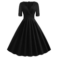 Elegant retro black V-neck puff dress with A-line pleated skirt and cinched waist - S / Black