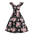 Elegant vintage floral A-line dress with black rose print and flutter sleeves - S / Black