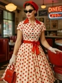 Abito vintage bianco a pois con colletto rosso, cintura coordinata e stile retrò - S / Albicocca