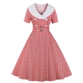 Vintage red plaid Barbie style dress with V-neck collar and belted waist for women - S / Red
