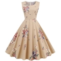 Vintage sleeveless floral Hepburn A-line dress with round neck and full swing skirt - Apricot