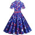 Retro high waist dress with American flag star print and a bright red leather belt - S / Navy Red White Stars (Color 6)