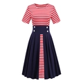 Vintage short sleeve A-line dress with American flag stripes and navy blue pleated skirt - S / Red White Blue Stripes