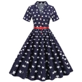 Vintage navy rockabilly dress with white stars, red belt and A-line swing silhouette - S / Navy Blue White Stars (Color 5)