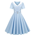 Vintage light blue Audrey Hepburn A-line dress with white navy collar and waist belt - S / Blue
