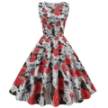 Retro sleeveless A-line dress with red rose floral and vintage newspaper print patterns - Gray