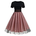 Elegant retro polka dot patchwork dress with short sleeves and a slim waistline - Pink