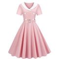 Vintage pink Hepburn style A-line dress with white collar and decorative buttons - S / Pink