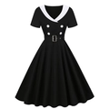 Vintage black A-line Audrey Hepburn dress with white V-neck collar and waist belt - S / Black