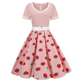 Vintage pink V-neck strawberry print flare dress with white belt and short sleeves - S / Pink