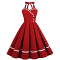 Vintage 50s style red halter neck dress with large flare hem and white button details - Burgundy