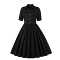 Elegante zwarte retro jurk met korte mouwen, A-lijn model en reverskraag met knopen - S / Zwart