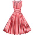 Vintage red and white striped sleeveless swing dress with high waist design for women - S / Red and White Striped